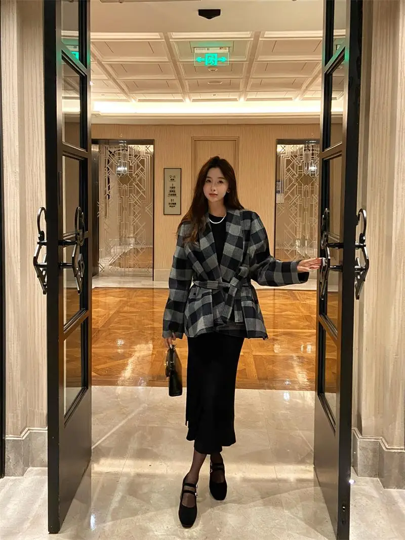 

Кардиган из утолщенной шерсти в клетку RREPEAT2025, осенне-зимний, повседневный, удлиненный, стандартной длины, весенний