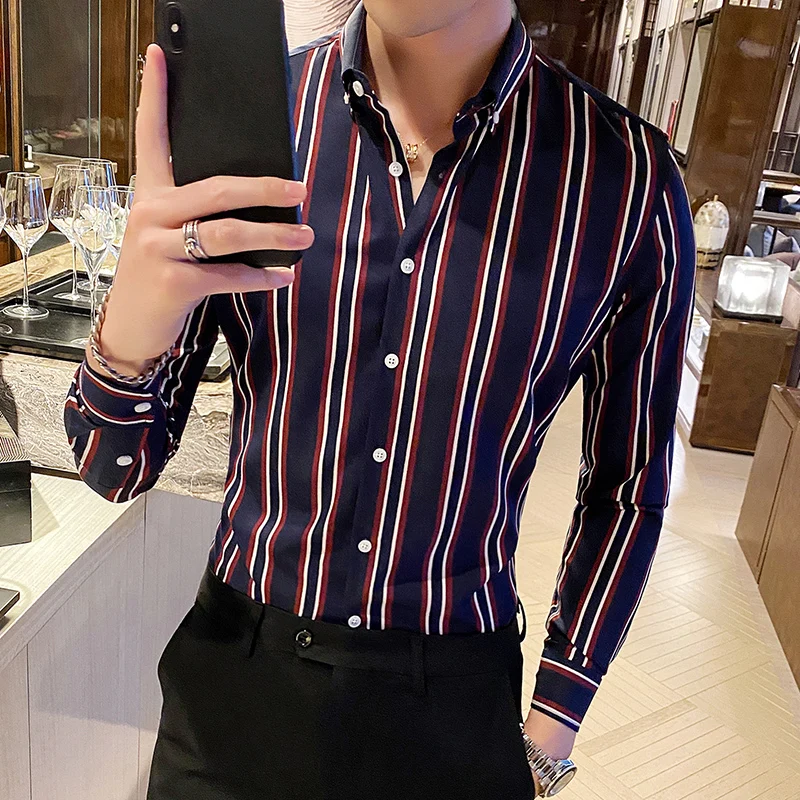 Spring 2024 New Fashion Casual Business Wedding Trend Classic Striped Men\'s Long-sleeved Shirt   Shirt for Men