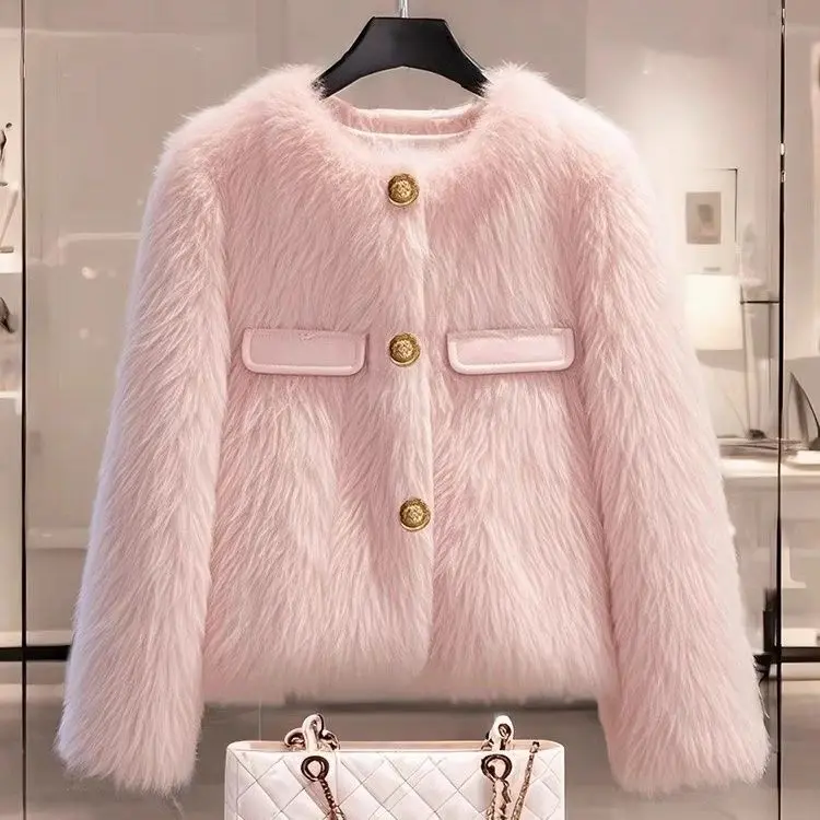 เสื้อโค้ทขนแกะสีชมพูน่ารักมีสไตล์สําหรับผู้หญิงในฤดูหนาวปี 2024 หนาด้วยกลิ่นหอมขนาดเล็กและแจ็คเก็ตผ้าฝ้ายที่อบอุ่น