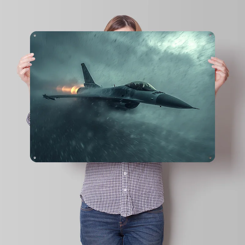 F16 Fighter Jet in Snow Storm Personalized 3D Textured Metal Poster Wall Art Vintage Tin Signs for Living Room Decoration Man