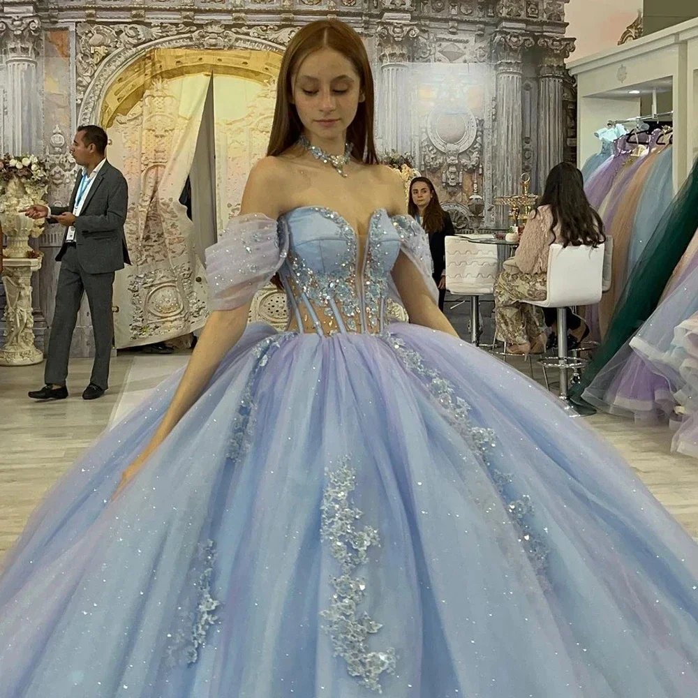 Vestidos de quinceañera con hombros descubiertos, apliques florales de cristal, color azul claro