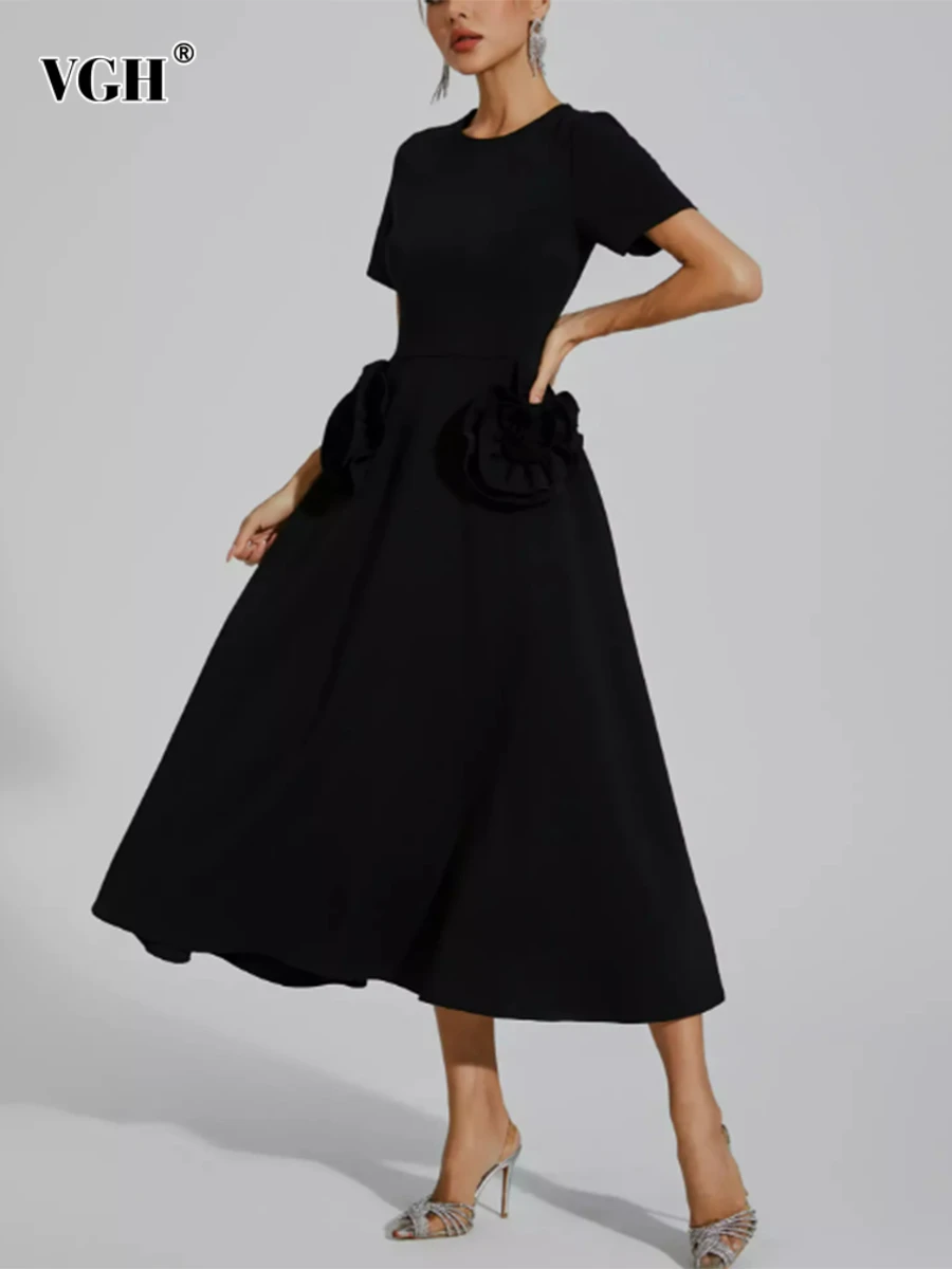 

VGH Elegant Spliced Floral Solid Long Dresses for Women O Neck Short Sleeve High Waist Minimalist A Line Dress Female Fashion