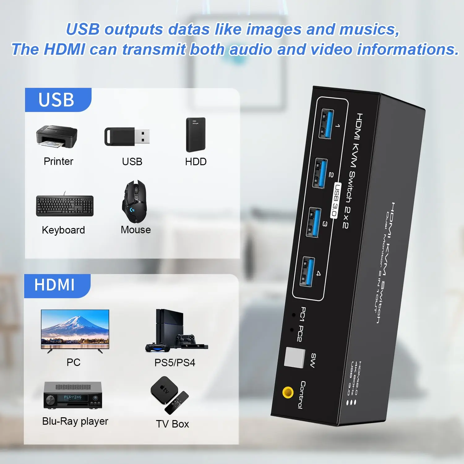 Dual HDMI  KVM Switch 2 Monitors 2 Computers,HDMI 2 Ports USB 3.0 4 Port KVM Selector 2 PC/2 Laptop Share Keyboard Mouse Printer