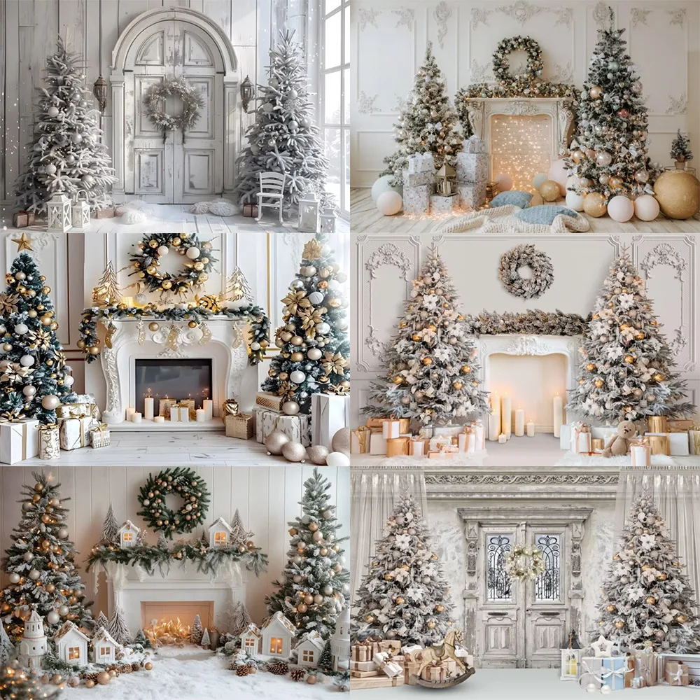 White Christmas Party Decoration Backdrop Photography Winter Xmas Fireplace Gift Wreath Interior Christmas Tree Photo Props