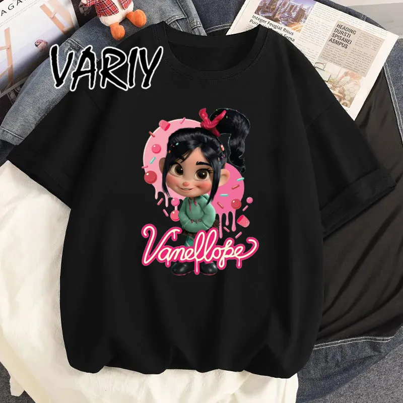 Funny Princess Vanellope Print Casual T-Shirt Round Neck Short Sleeves Wreck It Ralph Tee Women's Streetwear Top Print Clothes