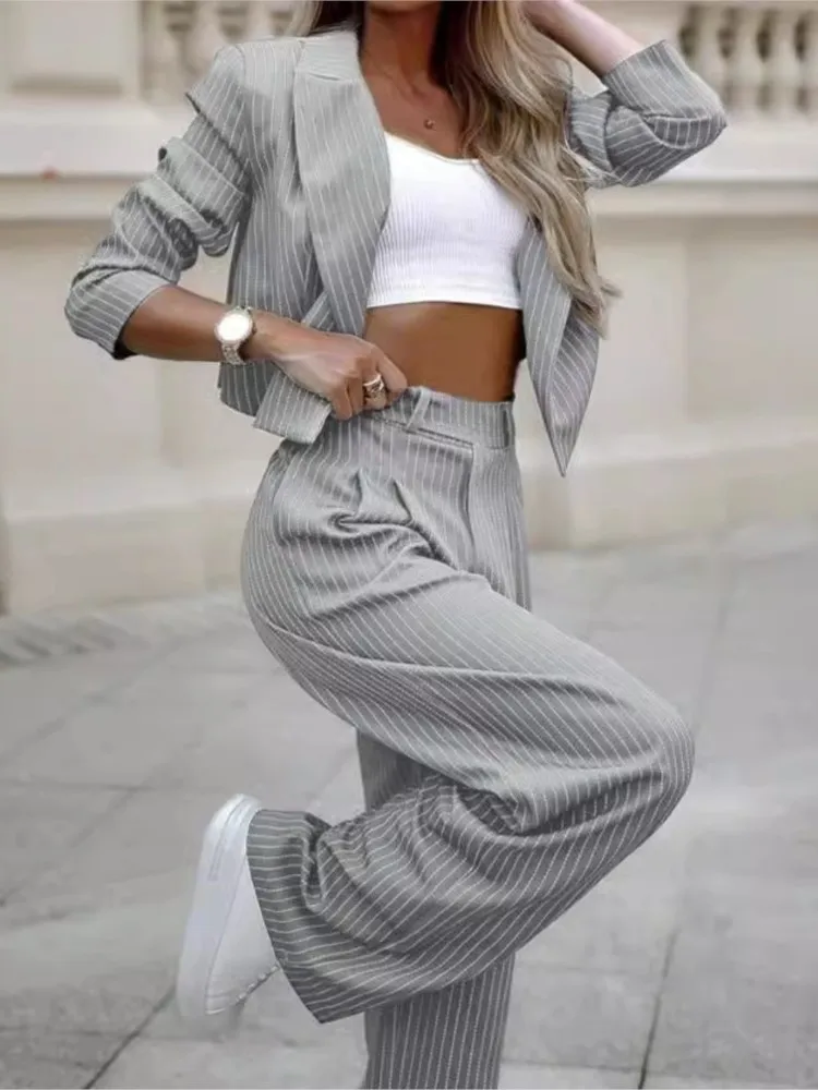 

Office Fashion Striped Print 2 Pcs Women's Casual Lapel Crop Blazer Suit & Straight Pants Set Spring Autumn Loose Two Piece Sets