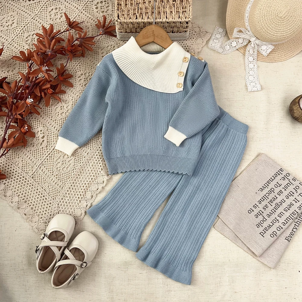 Two Piece Set Kids Fashion Casual Knitted Outfits Long Sleeved Sweater and Solid Color Micro Flared Pants Sweet Girls Clothes