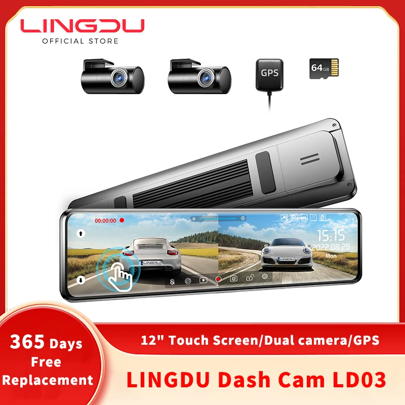 LINGDU LD03 Car Mirror Recorder 1080P Front and Rear Camera Dash Cam GPS 12inch Touch Screen 24H Parking Monitor Night Vision