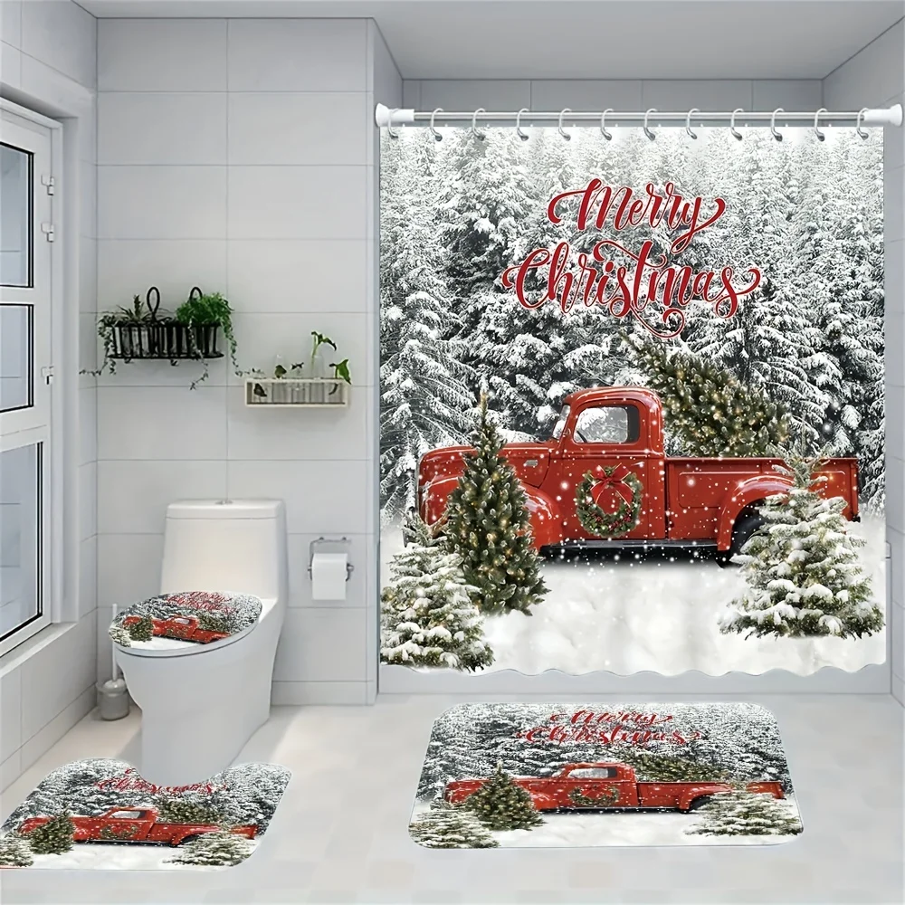 

Комплект из четырех предметов для ванной комнаты Merry Christmas — праздничный дизайн с красным грузовиком и снежными деревьями, идеально подходит для высокой эффективности