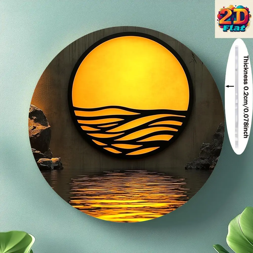 1pc Circular -Inspired Minimalist Aluminum Wall Art Plaque - Abstract Yellow Sunset & Wave Ocean Panel, Frameless 2D Hanging Dec