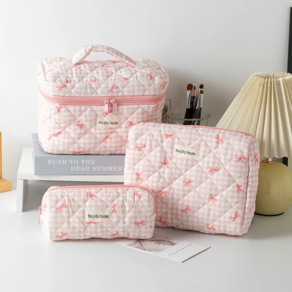 

Fashion Plaid Bow Tote Women Makeup Bag Portable Cute Ladies Cosmetic Toiletry Storage Pouch Handbag Cotton Make Up Zipper Bag