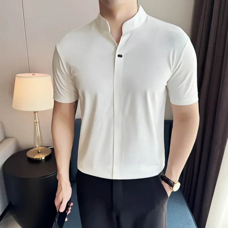 High Elastic POLO Shirt 2024 Summer New Thin Chinese Stand Up Neck Solid Color Casual Short Sleeved T-shirt Men\'s Clothing