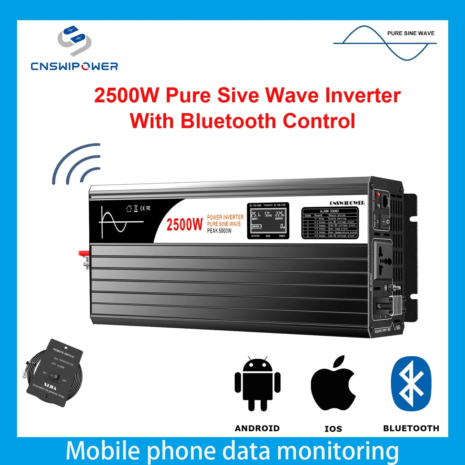 

Новый инвертор солнечной энергии с чистой синусоидальной волной 2500 Вт, 24 В постоянного тока, 48 В в переменный ток, 110 В, 220 В, управление Bluetooth