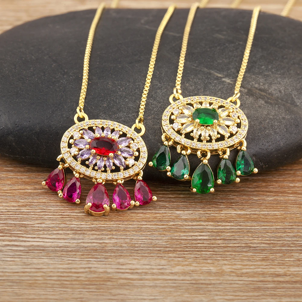 Light Luxury Trendy Flower Shape Inlaid Rose Red/Green Zircon Pendant Necklace For Women Clavicle Chain Jewelry Delicate Gifts