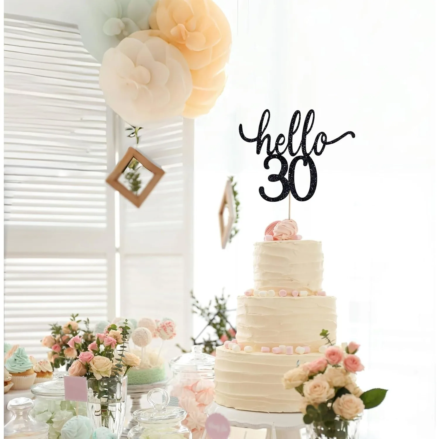 Hallo 30 Geburtstagstorten-Topper, Lustige 30. Geburtstagsparty-Dekorationen, Happy 30 Torten-Topper, Schwarze Glitzer 30 Party-Dekorationen – Detail 4