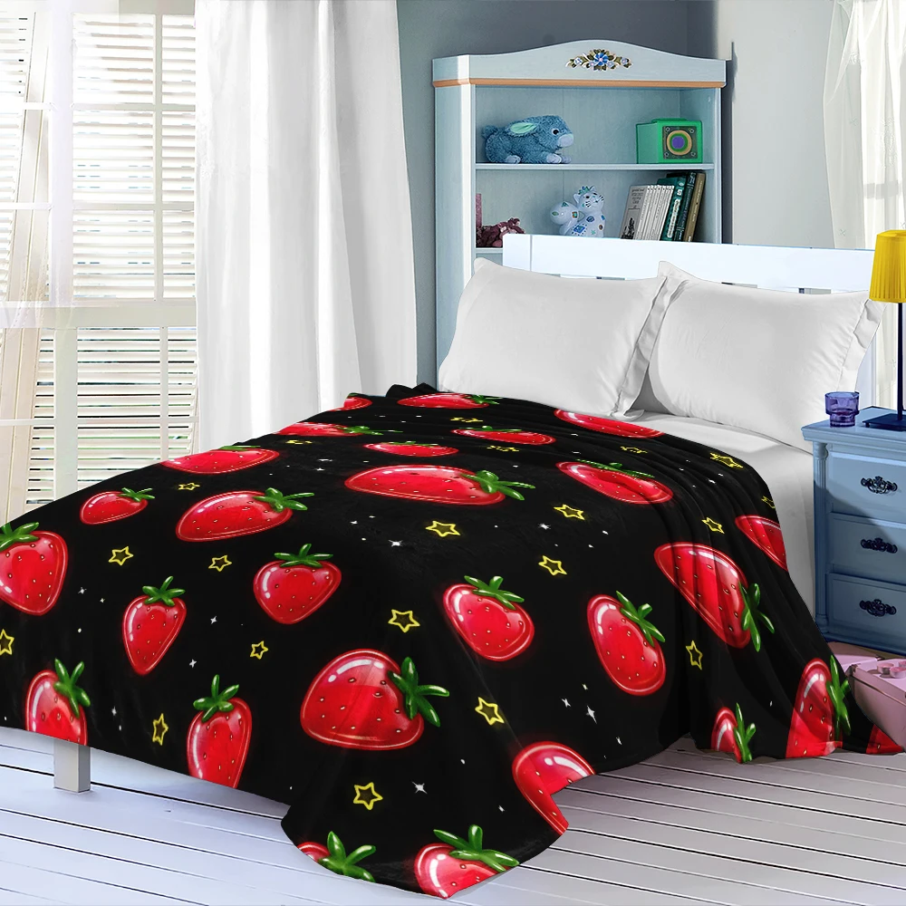 Black Strawberries Stars Flannel Fleece Throw Blanket for Couch Sofa Lightweight Cozy Plush Blanket for Travel Office Nap