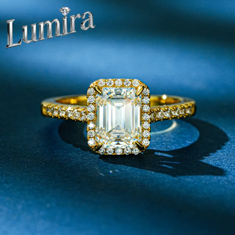 Lumira 18K Gold Rock Sugar Square 2-carat Moissanite Ring, Women's Emerald Cut Diamond Inlaid Wedding Ring Charm Jewelry