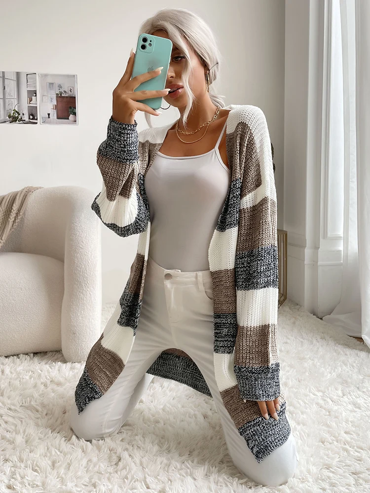 Women Long Sleeve Patchwork Soild Colour Long Knit Coat Sweater Cardigan Loose Autumn Outdoor Warm Cardigans Casual