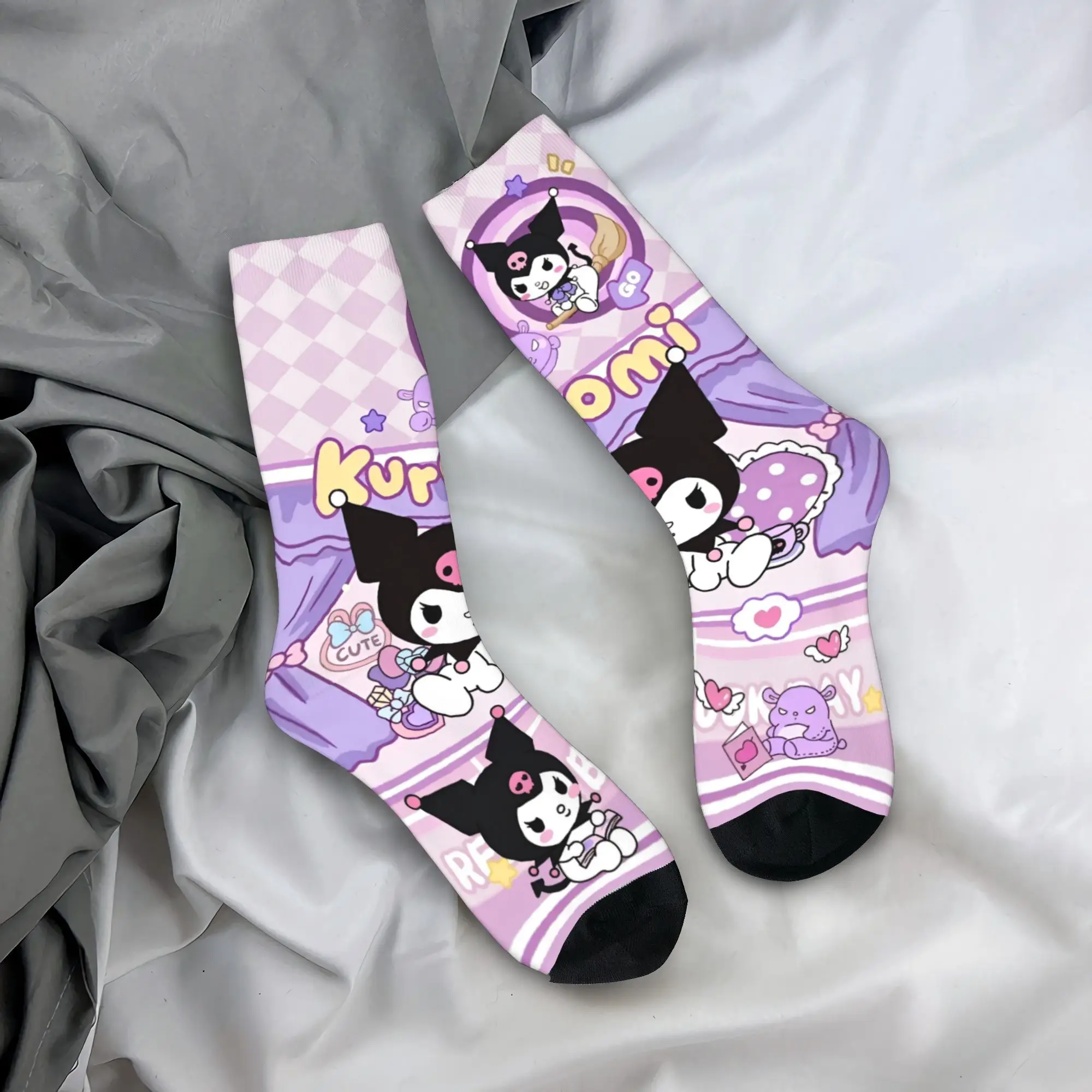 

Fashion Funny Cartoon Cute Kuromi Basketball Socks Polyester Middle Tube Socks for Women Men Non-slip