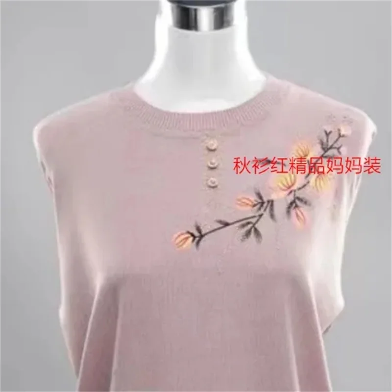 Mother Spring Summer Seven Points Sleeve Small Shirt Middle-aged Grandma Packed Ice Silk Knitted Loose Leggings Sweater Pullover