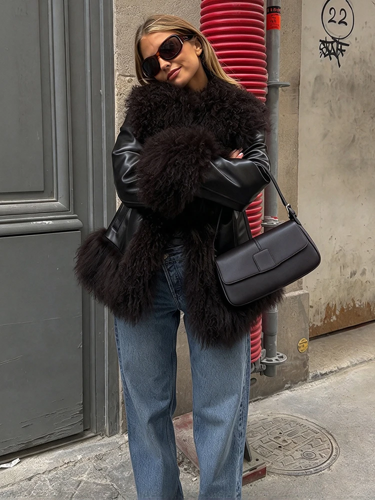 Fashion Faux Fur Trim Leather Jacket Women Zip Up Fluffy Collar Splice Cuff Hem Short Coat 2026 Winter Streetwear Warm Outerwear