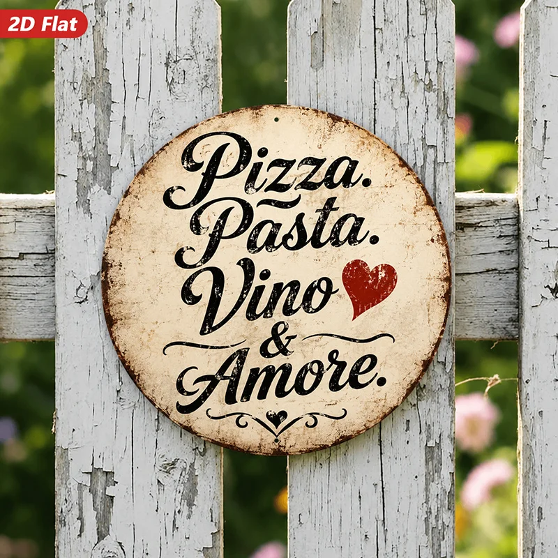 2D Flat, 1pc Italian Kitchen Love Round Metal Sign Wall Art, Pizza Pasta Vino Amore Lettering, Red Heart Accent, Home Decor, Rou