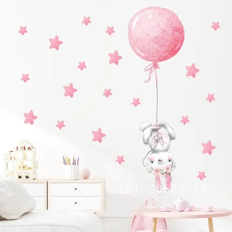 

Girl Bunny Rose Gold Pink with Hot Air Balloon Wall Stickers for Kids Room Baby Nursery Room Decorative Decals for Girl Stickers