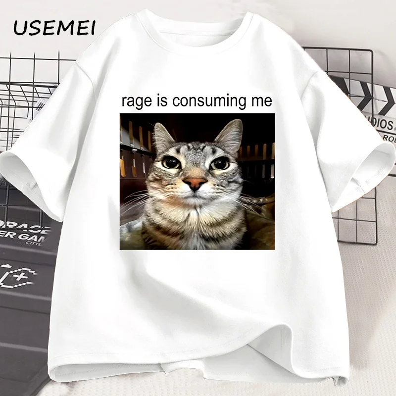 Rage Is Consuming Me Silly Staring Cat Meme T-shirt Men's 100% Cotton Comfortable Fashion T-shirt