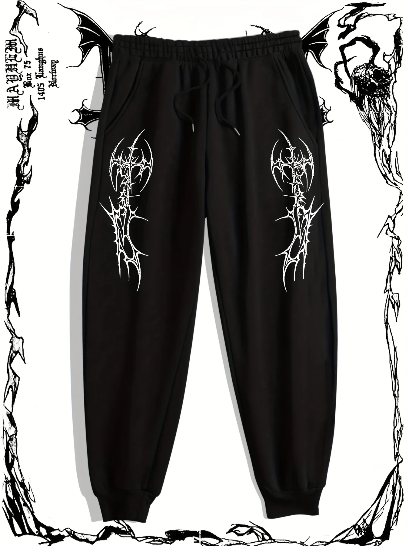 Men's Gothic Black Metal Print Joggers Dark Punk Streetwear Sweatpants Hip Hop Casual Trousers Elastic Waist