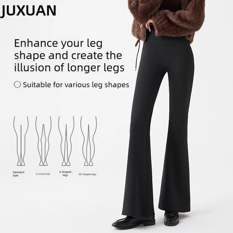 Women Autumn Winter Light Warm Fleece Flare Pants 2026 New High Waist Black Non-bulky Drape Daily Wear Warm Long Trousers