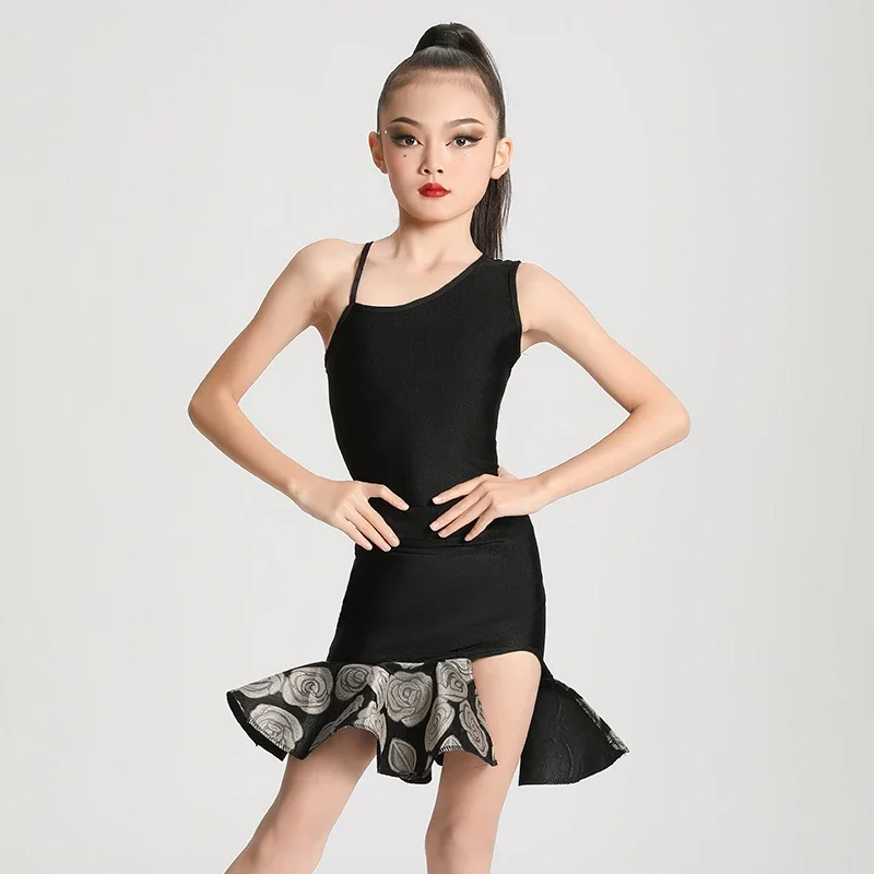 子供のためのlatinダンスドレス、女の子のためのumba sambaドレス、ボールルームダンス、子供のためのタンゴ練習服、分割試験競合の衣装