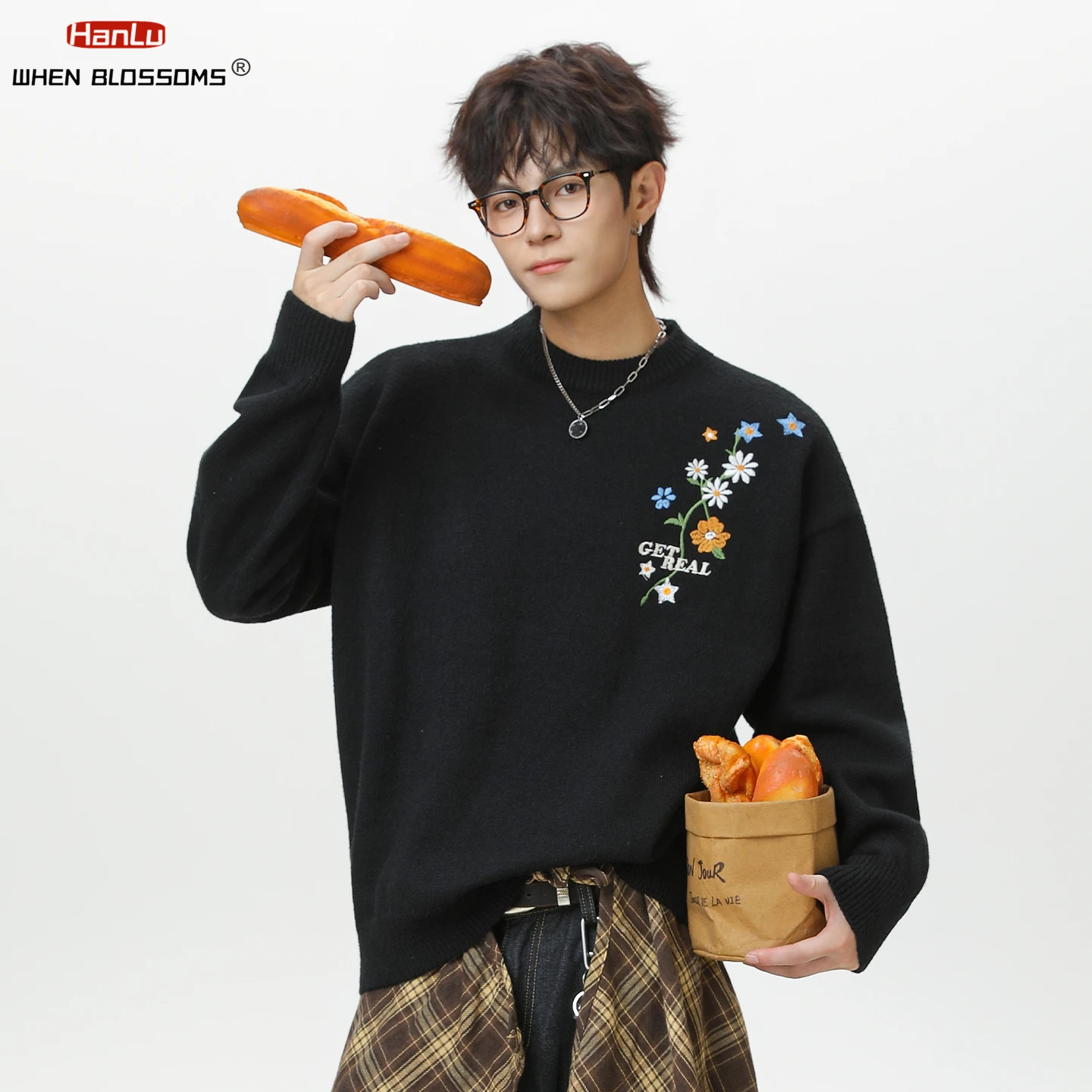 Hanlu 2025 Men's Floral Embroidered Sweater Japanese Oversized Knitwear Heavyweight Warm Pullover Casual Fall Winter Coat