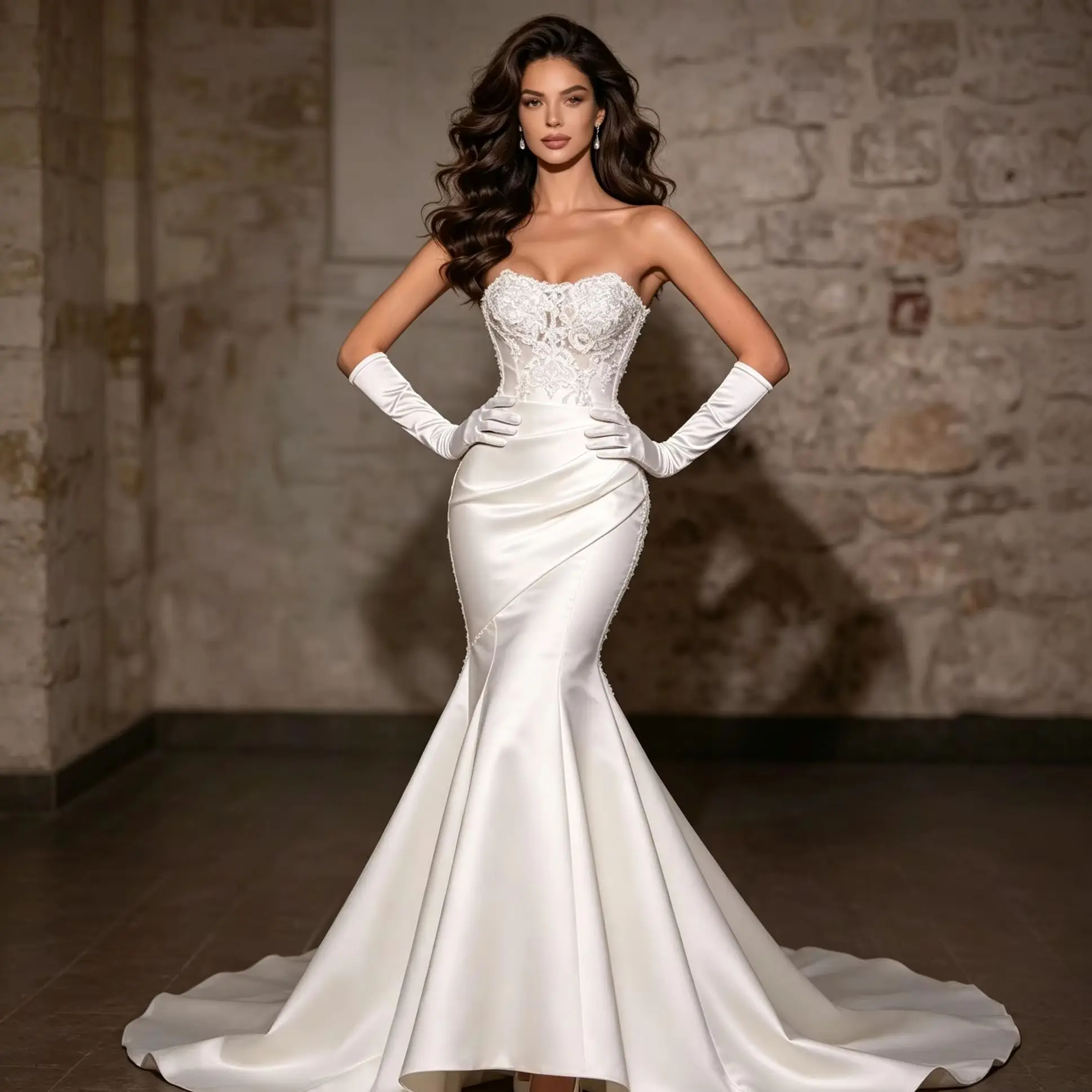 Vintage French Mermaid Wedding Dress Strapless Sweetheart Lace Ivory Satin Chapel Train Slim Fit Elegant Bridal Gown Customized