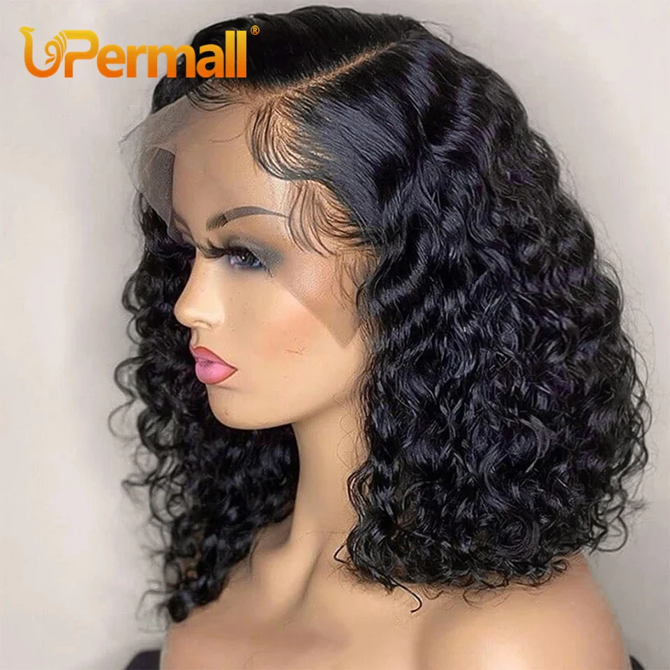 Upermall Short Bob Wig Lace Front Human Hair Wigs For Black Women Deep Wave HD Transparent 13x4 Frontal 4x4 Closure Wig Curly