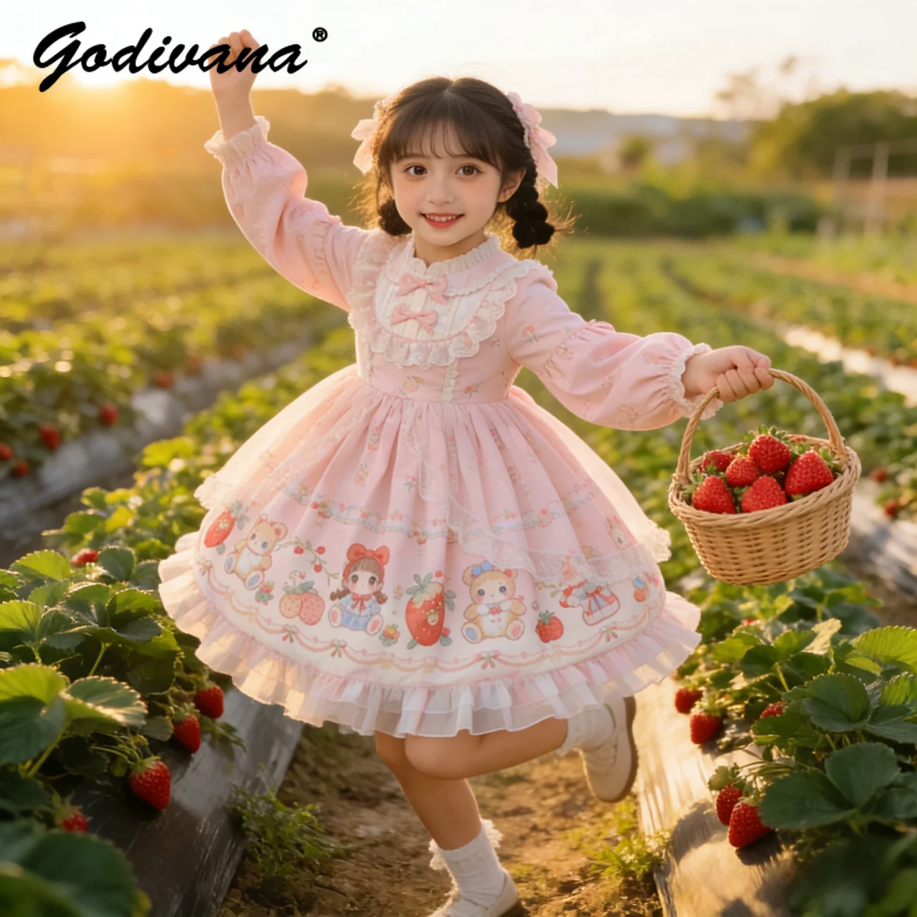 

Sweet Baby Girls 2026 Spring and Autumn New Fashion Lolita Dress Kids Cute Bow Cartoon Print Lace Trim Birthday Party Tutu Gown