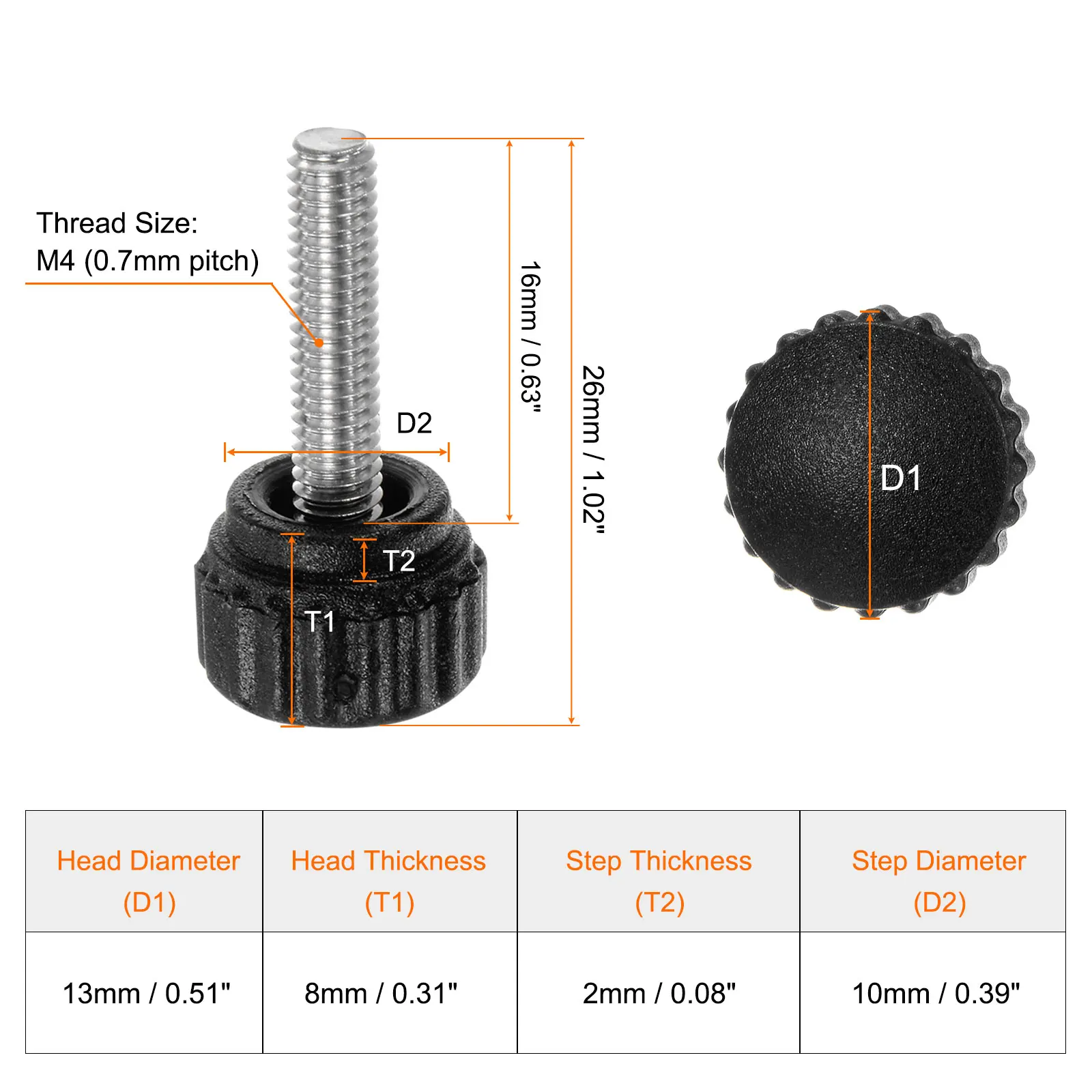20Pcs Knurled Clamping Knob Thumb Screws M3 M4 M5 Metric Thread 13mm Matte Head 6mm 8mm 10mm12mm16mm20mm 25mm30mm35mm40mm Length
