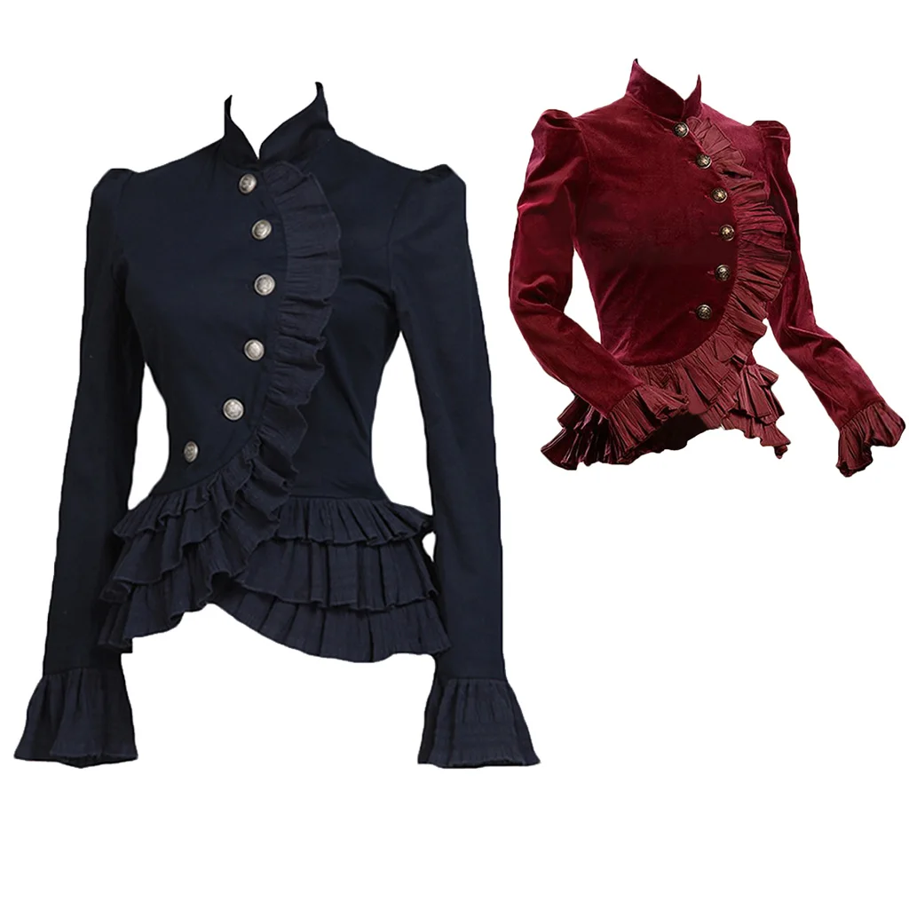 

Women Vintage Gothic Black/Red Jacket Medieval Steampunk Coat Long-sleeved Ruffled Jacket Fashion retro Victorian Gothic Outwear