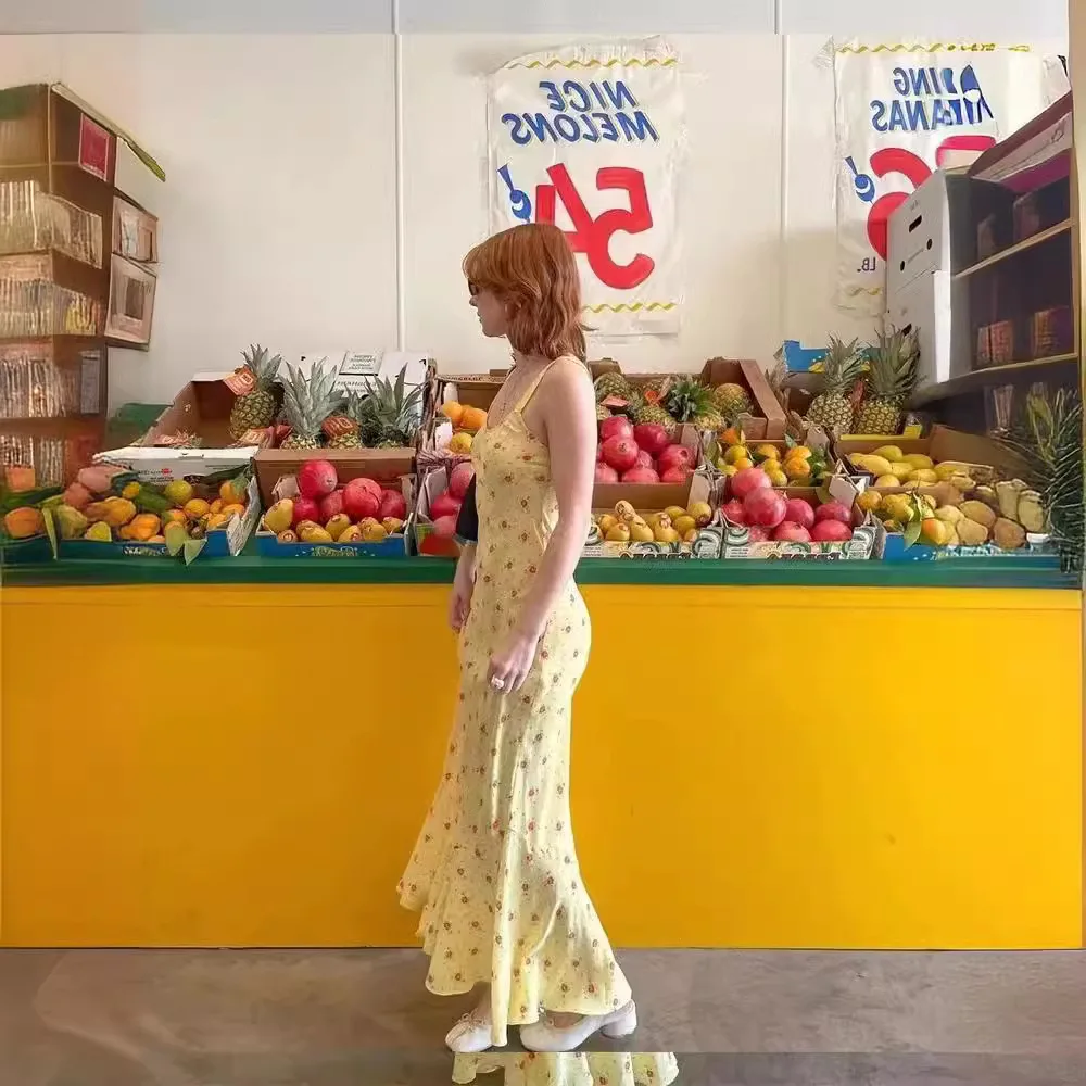 American dress RE24 new yellow floral dress summer French dress high-end