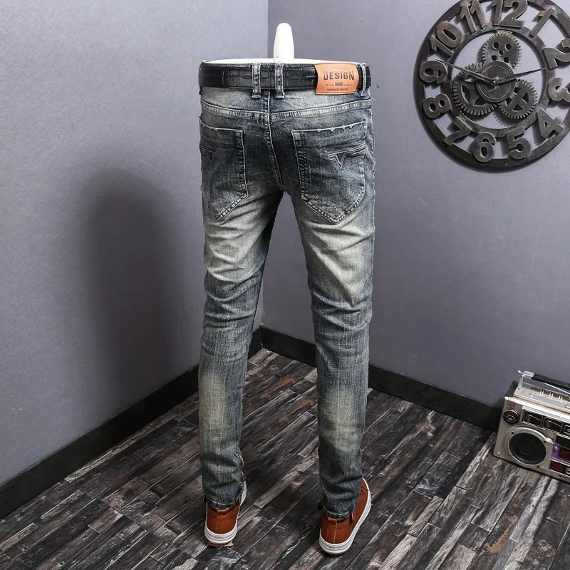 Fashion Trendy Men Jeans Retro Washed Elastic Stretch Slim Fit Ripped Jeans Men Vintage Trousers Patched Designer Denim Pants