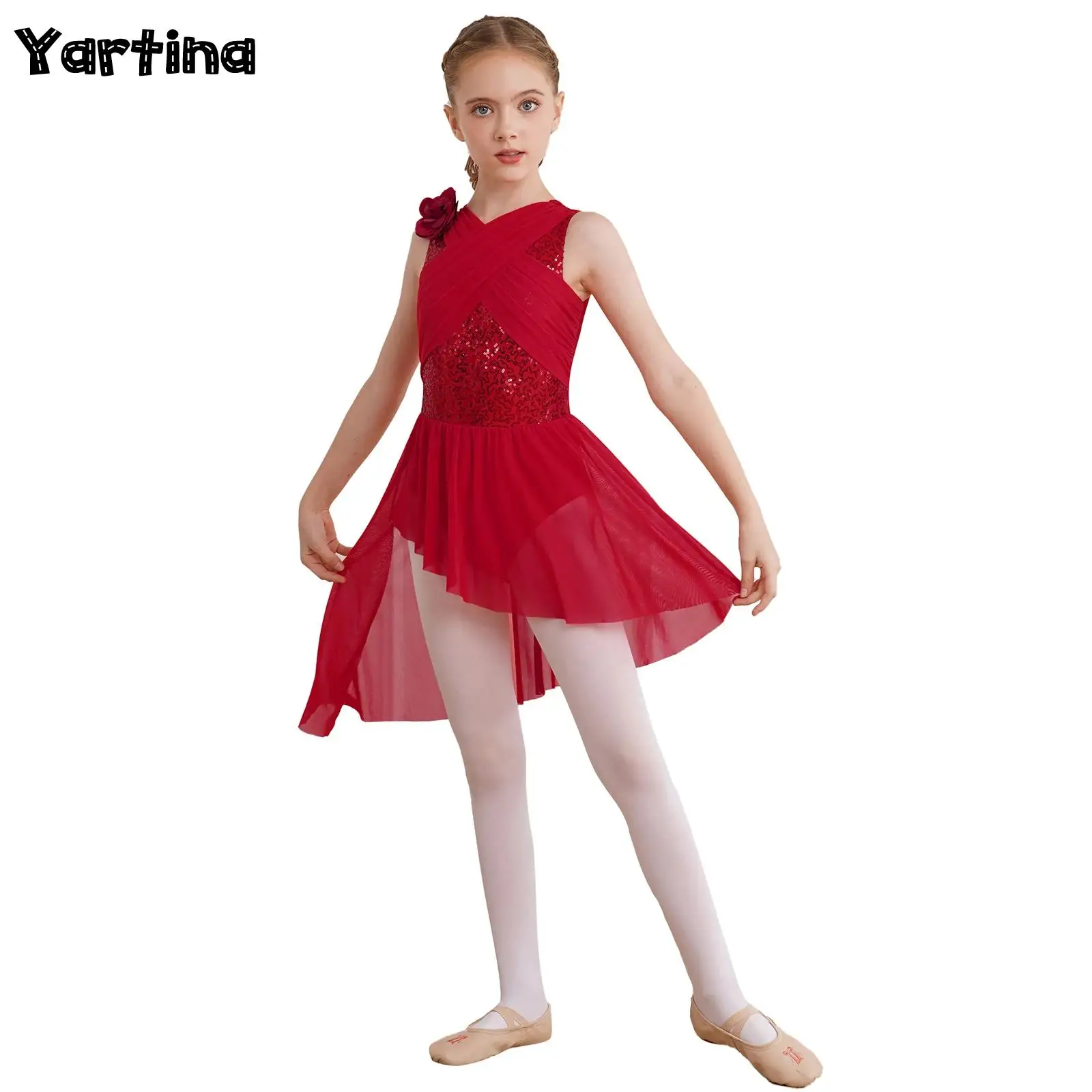 Kinder Mädchen glänzende Pailletten Ballett Trikot lyrischen Tanz kleid geraffte transparente Mesh Overlay Rock Trikot mit künstlicher Blume