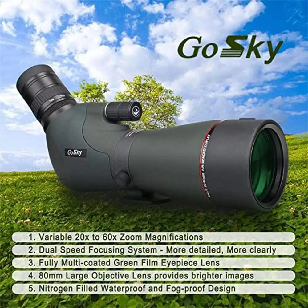 80mm Waterproof Dual Focusing Spotting Scope 20-60x Zoom HD Optics with Smartphone Adapter and Carry Case Hunting Wildlife Bird