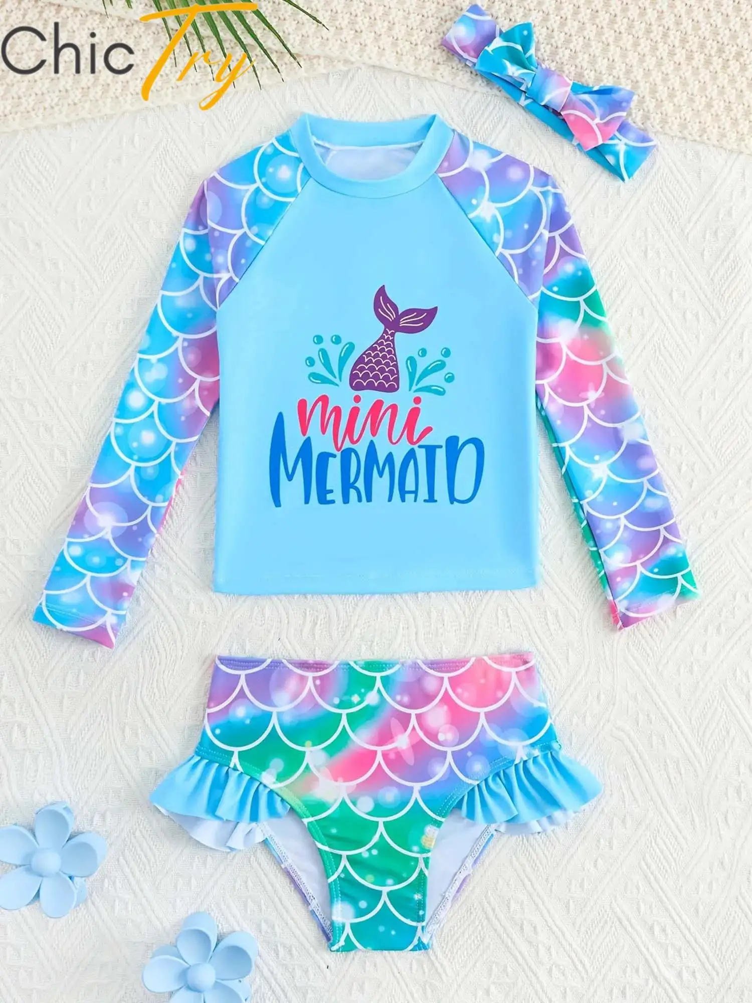 

Kids Girls Swim Sets 3-Piece Swimsuit Fish Scale Printed Long Sleeve Top with Ruffled Trim Briefs and Headband Beachwear Outfits