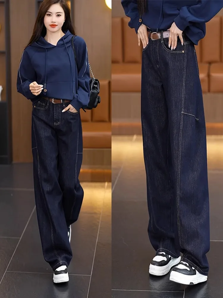 

Джинсы с высокой талией и широкими штанинами для женщин, новинка весенней коллекции, большие размеры, утягивающие, свободные, прямые, струящиеся брюки-джинсы