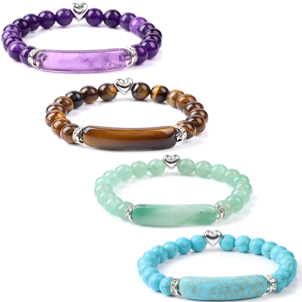 Heißes Rechteck Bar Charm Armband Heilung Reiki Naturstein Amethysten Malachit Türkis Perlen Armbänder für Frauen Männer Schmuck