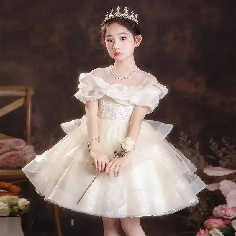 소녀의 멋진 드레스, 꽃 소녀 결혼식, 어린 소녀의 10번째 생일, 고급 피아노 연주 의상, 여름