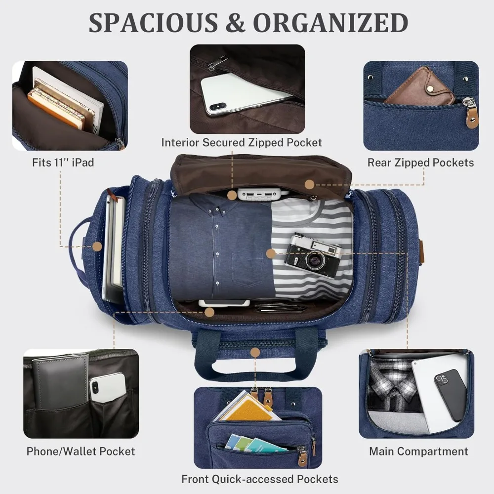 حقيبة سفر من القماش الخشن بسعة كبيرة سعة 60 لترًا مع جيب للأحذية - مثالية لرحلات عطلة نهاية الأسبوع وضحاها باللون الأزرق