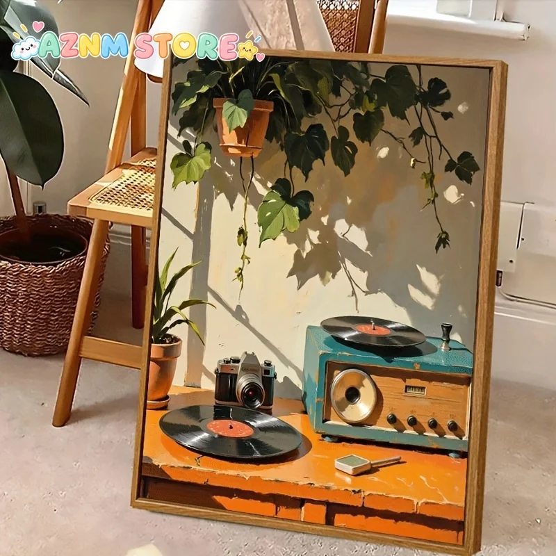 2D Flat Professional Art Use Vintage Phonograph With Camera And Record Player Combination, Digital Painting Set, Suitable For