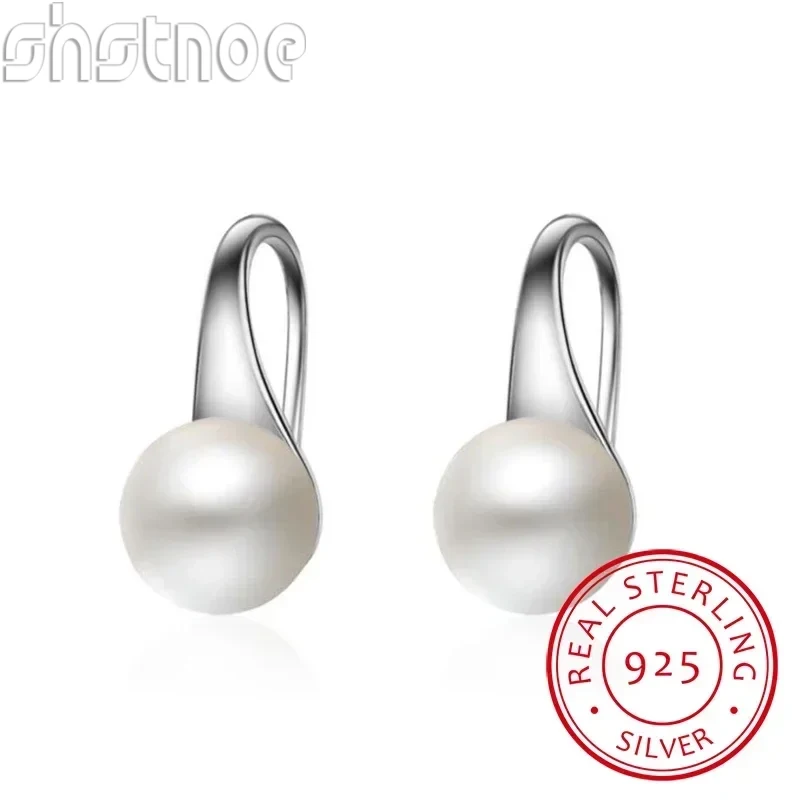 

SHSTONE Pure 925 Sterling Silver Earrings Drop Women Round Charms Pearl Hook Dangle Drop Wedding Cute Gift