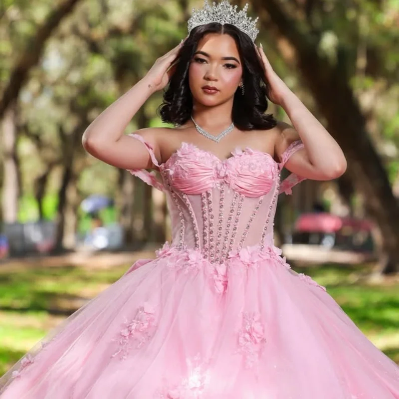 

Customized Pink Quinceanera Dresses Off the Shoulder applique 3D flower crystal Long tail Vestido 15 Quinceanera