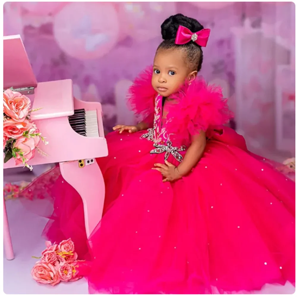 Nuevos vestidos de flores para niña, vestido escalonado de tul con cuentas y cristales para bautismo, vestidos de comunión para fiesta de primer
